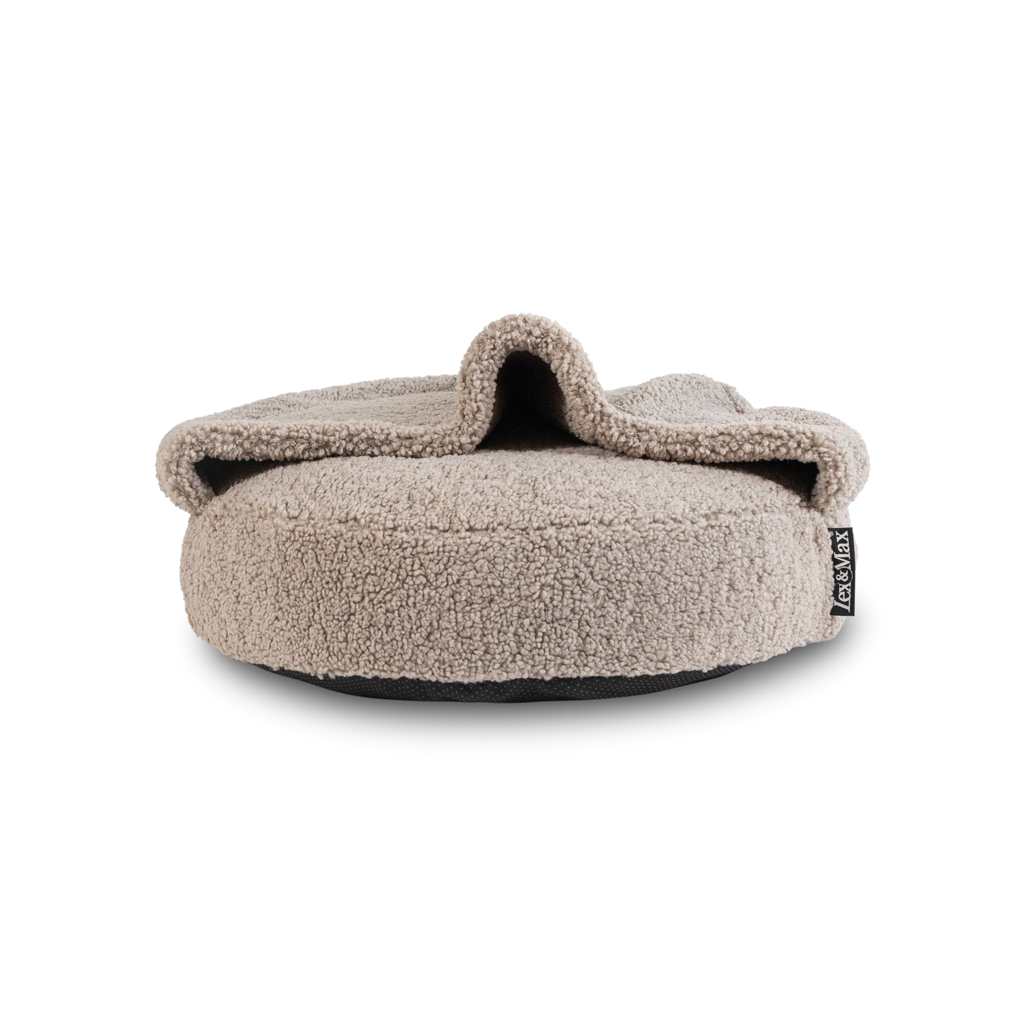 Ronde hondenmand van beige teddystof met vastgenaaid dekentje