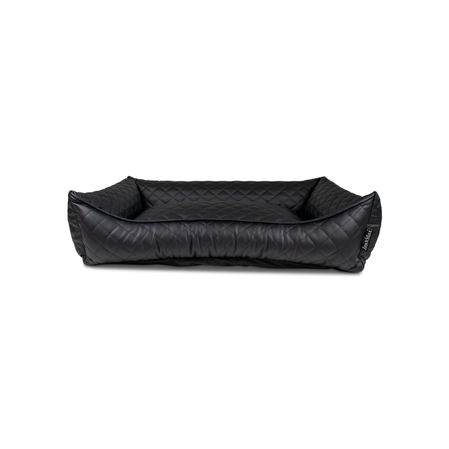 Voorkant zwart kunstleren hondenmand met ruitstiksel.